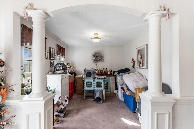 misc room featuring crown molding, decorative columns, a textured ceiling, and carpet