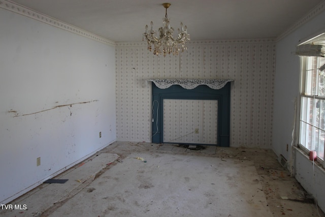 unfurnished dining area with a fireplace and a chandelier