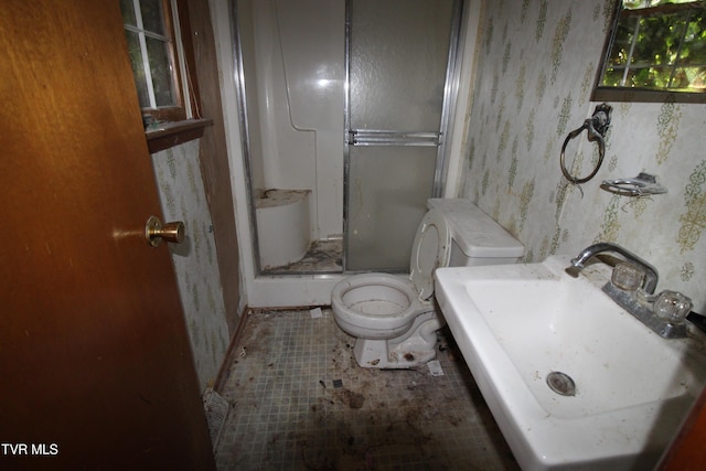 bathroom with sink, toilet, and walk in shower