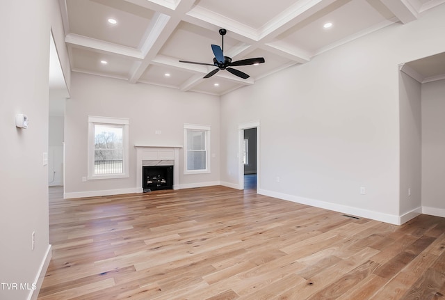 294 River Pointe Dr, Greeneville, TN 37743 - unfurnished living room with a fireplace, light wood-style floors, coffered ceiling, beamed ceiling, and baseboards