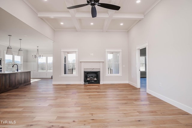 294 River Pointe Dr, Greeneville, TN 37743 - unfurnished living room featuring coffered ceiling, beamed ceiling, light wood-style floors, a fireplace, and recessed lighting