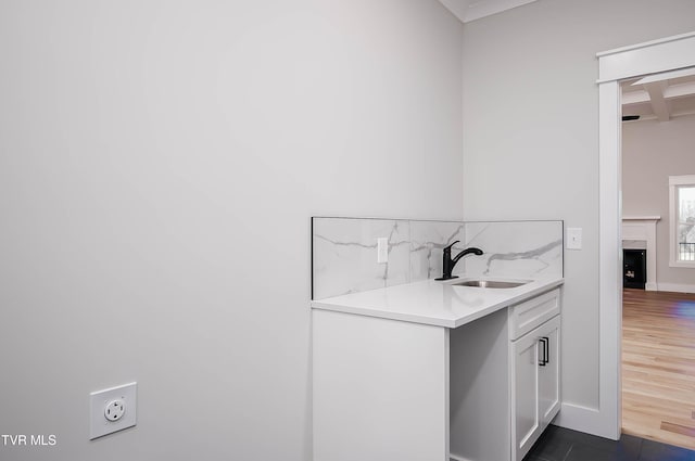 294 River Pointe Dr, Greeneville, TN 37743 - clothes washing area with dark wood-style floors, a fireplace, a sink, and baseboards