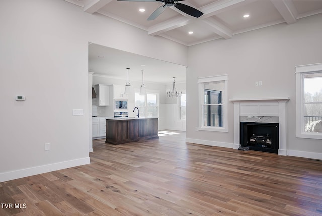 294 River Pointe Dr, Greeneville, TN 37743 - unfurnished living room with light wood-style floors, plenty of natural light, beamed ceiling, and a premium fireplace