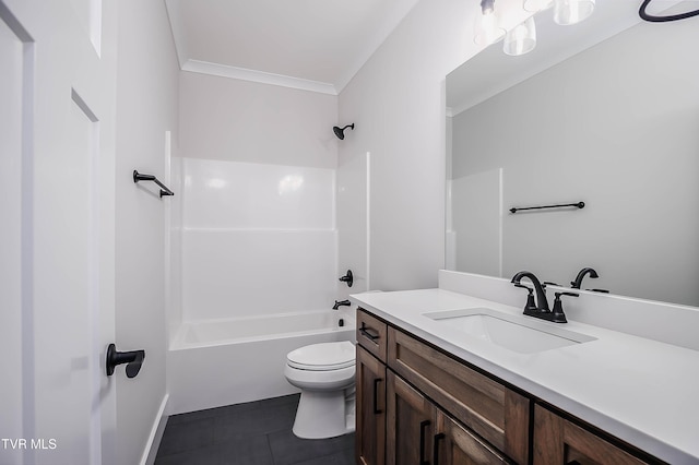 294 River Pointe Dr, Greeneville, TN 37743 - bathroom featuring toilet, ornamental molding, tile patterned flooring, vanity, and shower / bathing tub combination
