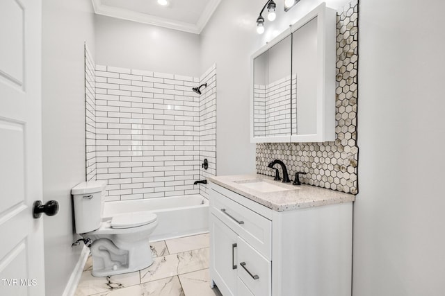 bathroom featuring marble finish floor, bathtub / shower combination, toilet, ornamental molding, and vanity