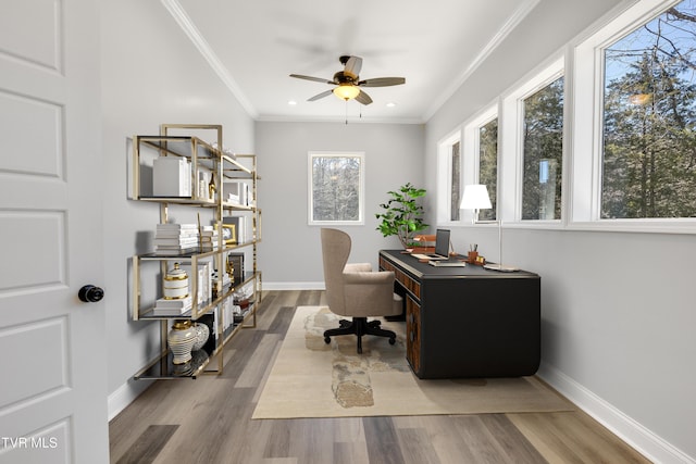 office featuring ornamental molding, a ceiling fan, baseboards, and wood finished floors