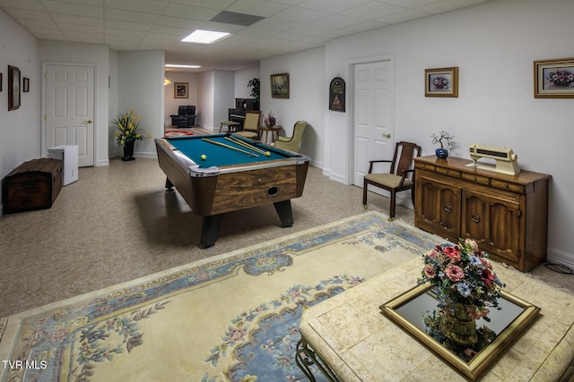 playroom with a paneled ceiling, carpet floors, baseboards, and pool table