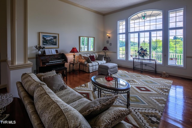 living area with decorative columns, baseboards, crown molding, and wood finished floors