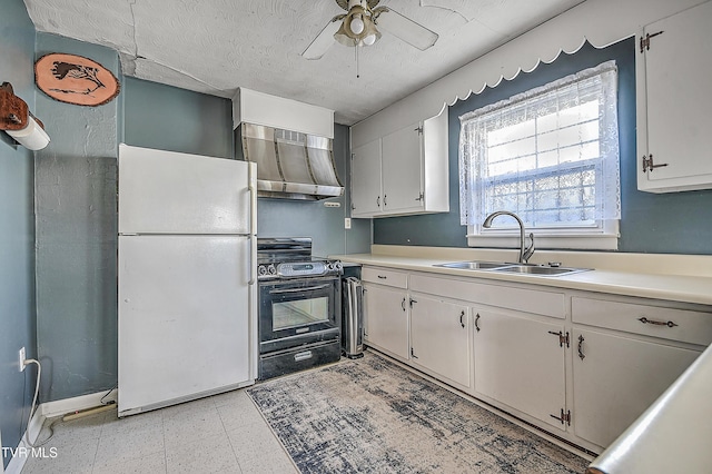 kitchen with extractor fan, white cabinets, black / electric stove, white fridge, and sink