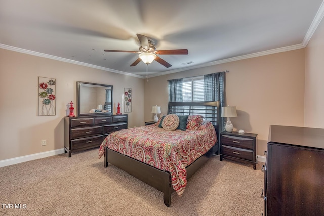 bedroom featuring ornamental molding, light colored carpet, ceiling fan, and baseboards