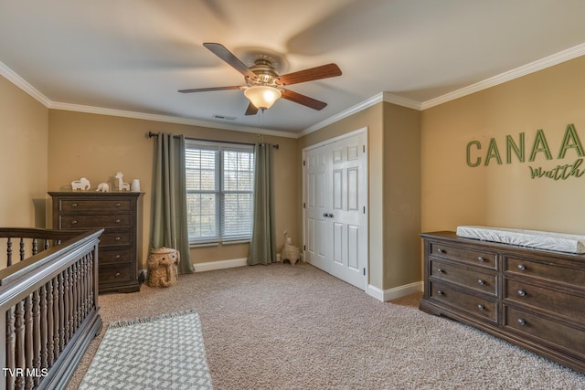 bedroom featuring light colored carpet, visible vents, and baseboards