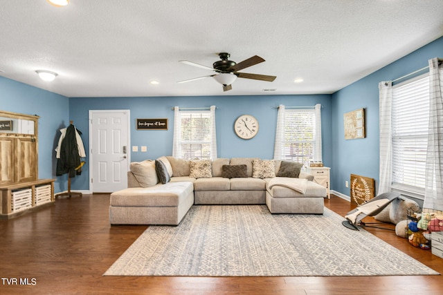 living room with plenty of natural light, dark hardwood / wood-style floors, and a textured ceiling