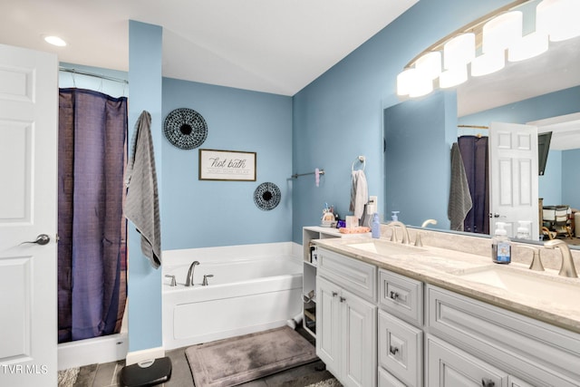 bathroom featuring vanity, tile patterned flooring, and shower with separate bathtub