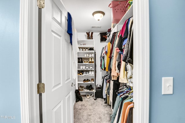 walk in closet with carpet floors