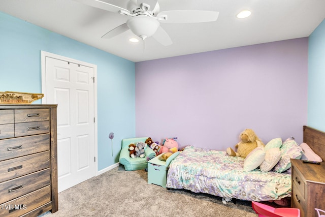 bedroom with light colored carpet and ceiling fan