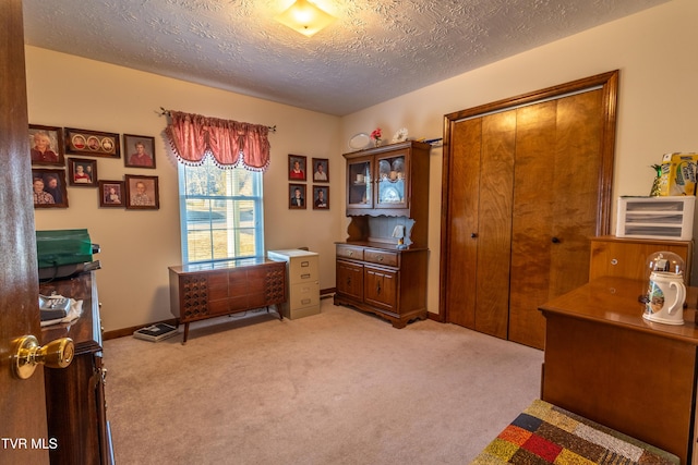 office with light carpet, baseboards, and a textured ceiling