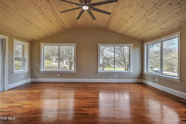 empty room featuring wood ceiling, vaulted ceiling, baseboards, and wood finished floors