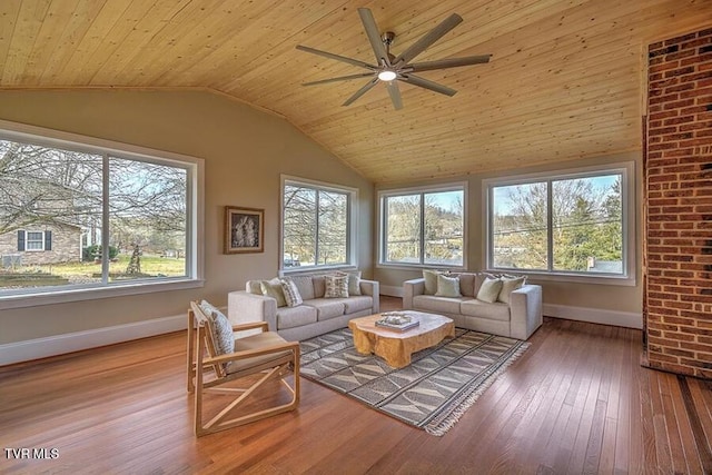 living room featuring lofted ceiling, plenty of natural light, wood ceiling, and wood-type flooring