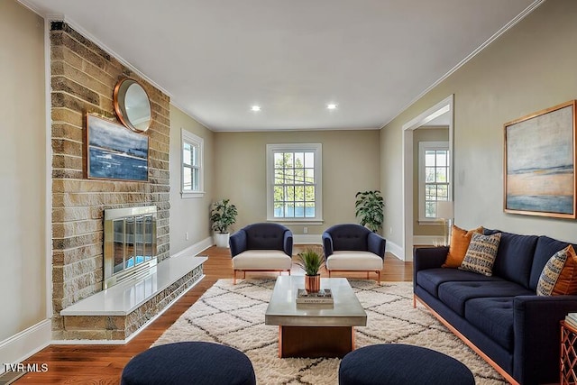 living room featuring a wealth of natural light, a fireplace, baseboards, and wood finished floors