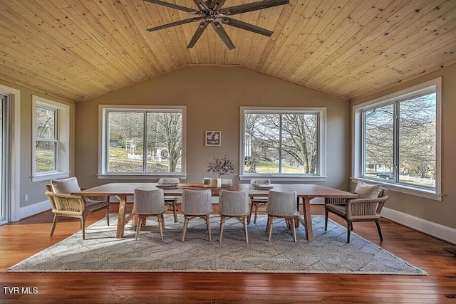 sunroom featuring a ceiling fan, lofted ceiling, and wooden ceiling