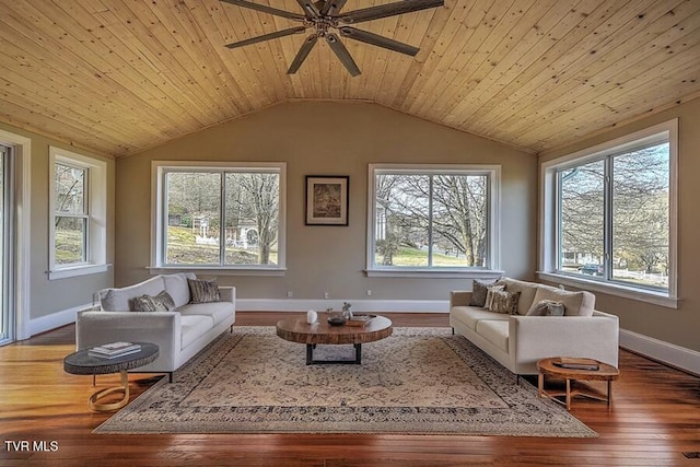 living room featuring baseboards, a ceiling fan, lofted ceiling, hardwood / wood-style flooring, and wood ceiling