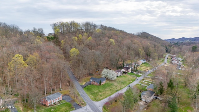 aerial view featuring a wooded view and a mountain view