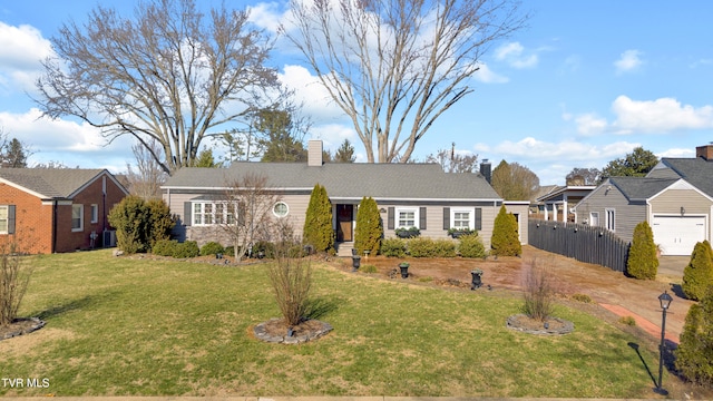 ranch-style home with a front lawn, a chimney, cooling unit, and fence