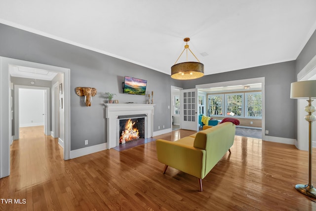 living area with attic access, baseboards, wood finished floors, and a fireplace with flush hearth