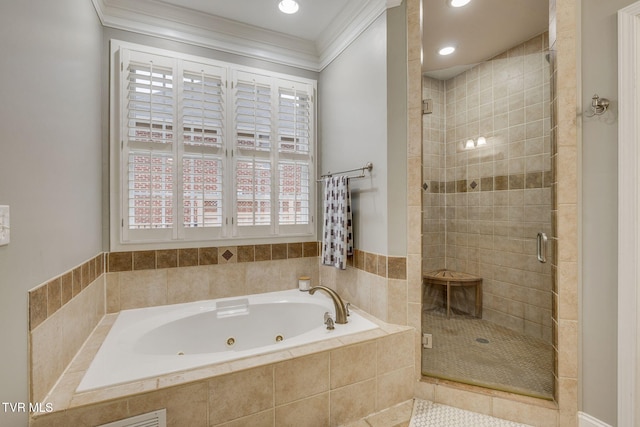 bathroom with ornamental molding, a tub with jets, a shower stall, and recessed lighting