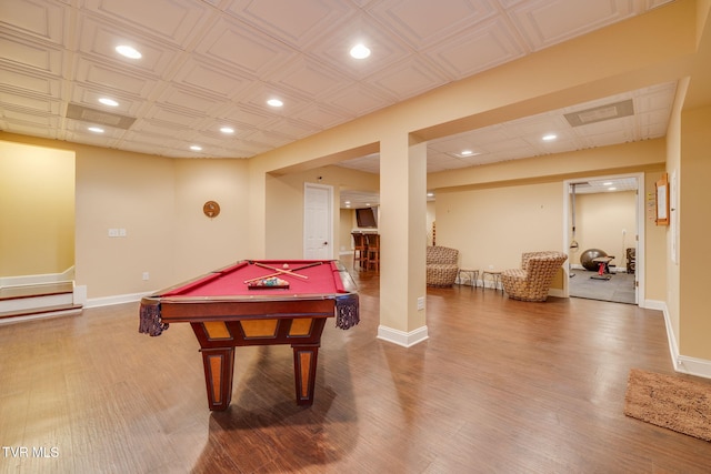 playroom with pool table, wood finished floors, and baseboards