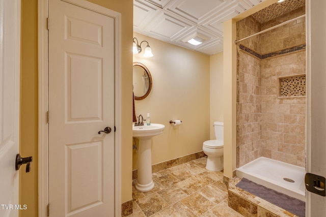 bathroom featuring toilet, a shower stall, baseboards, and a sink