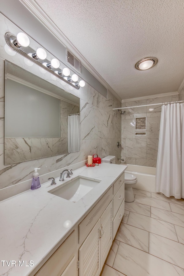 305 Overbrook Dr, Bristol, TN 37620 - full bath with marble finish floor, shower / tub combo, ornamental molding, visible vents, and a textured ceiling