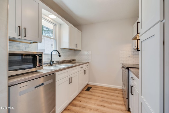 kitchen with white cabinets, a sink, stainless steel appliances, light wood-type flooring, and backsplash