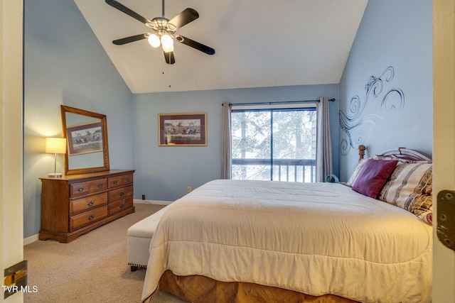 bedroom with high vaulted ceiling, ceiling fan, baseboards, and light colored carpet