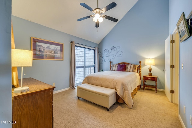 bedroom featuring light colored carpet, a ceiling fan, high vaulted ceiling, access to outside, and baseboards