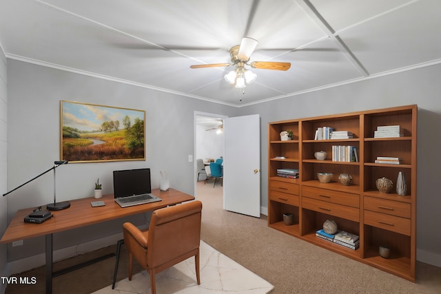 office with ceiling fan and ornamental molding