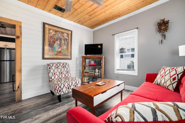 living area with dark wood-type flooring, wooden ceiling, a ceiling fan, and baseboards