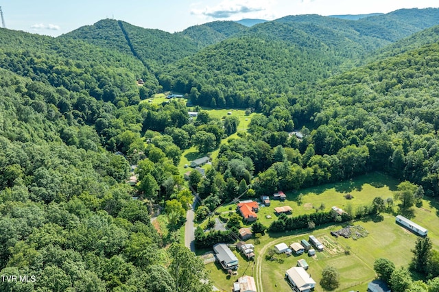 drone / aerial view with a forest view and a mountain view