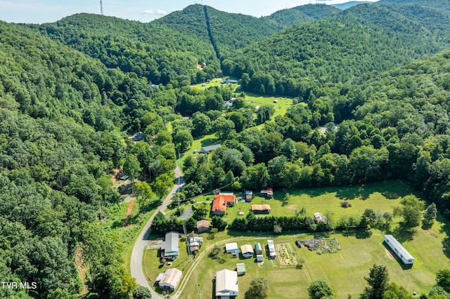 drone / aerial view with a wooded view and a mountain view