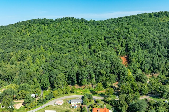 birds eye view of property featuring a wooded view