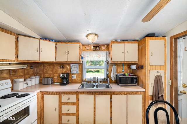 kitchen with electric range, tasteful backsplash, light countertops, stainless steel microwave, and a sink