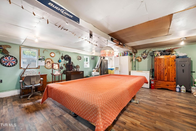 rec room featuring track lighting, dark wood-style flooring, and billiards