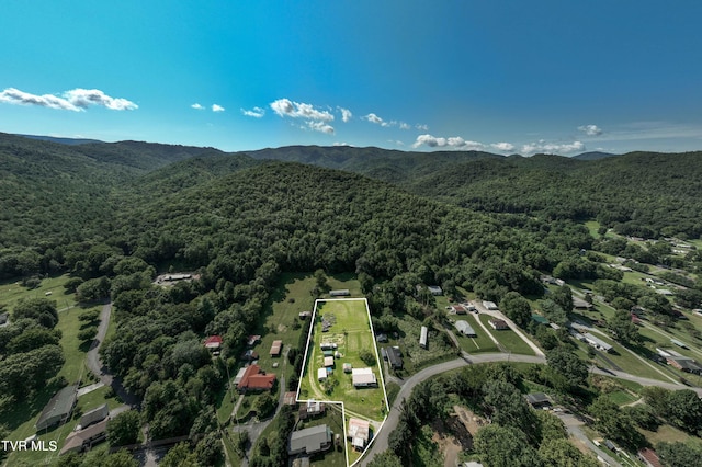 aerial view featuring a wooded view and a mountain view