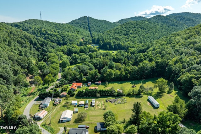 bird's eye view featuring a view of trees and a mountain view