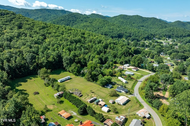 drone / aerial view featuring a forest view and a mountain view