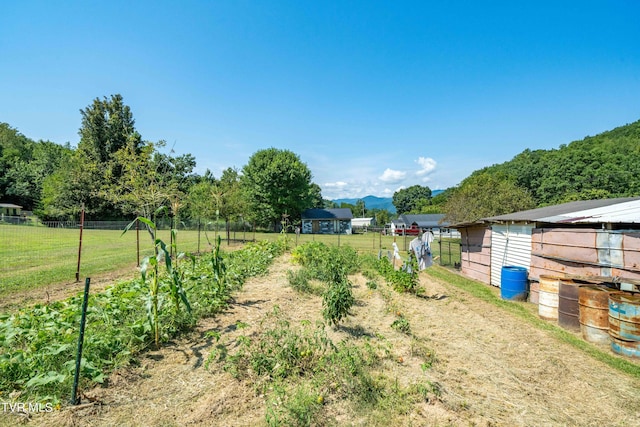 view of yard featuring fence, a rural view, and a vegetable garden