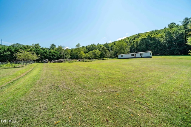 view of yard with a rural view and a wooded view