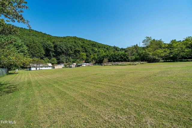 view of yard with a wooded view and a mountain view