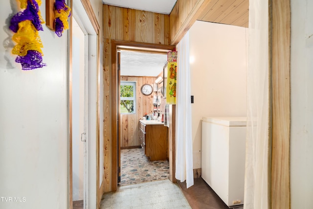 hall with light floors and wooden walls