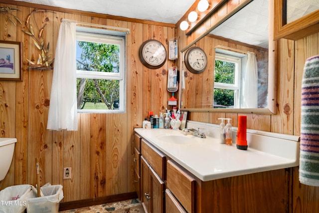 bathroom with vanity, toilet, and wooden walls